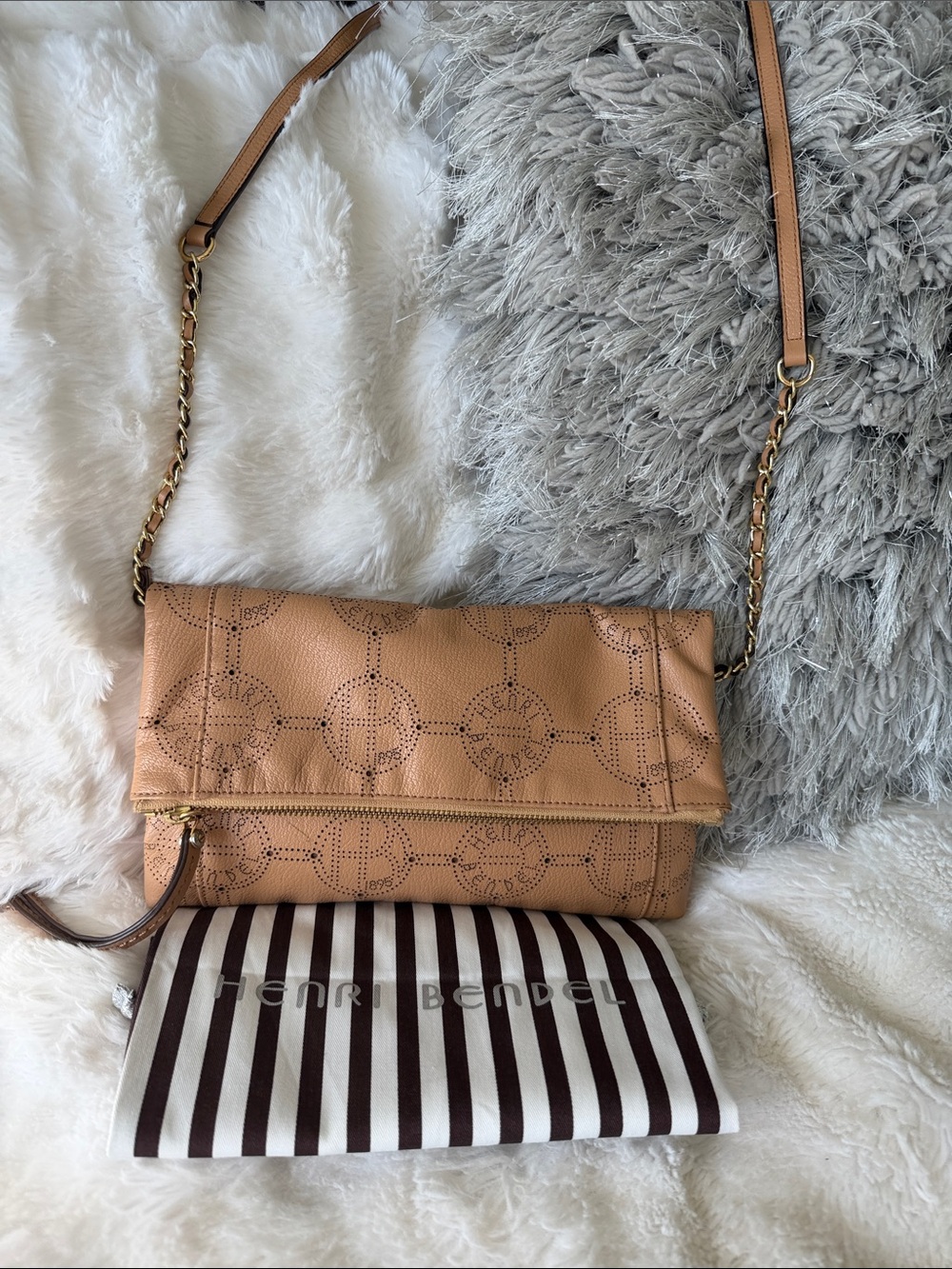 Henri Bendel monogram signature tan leather crossbody with chain strap